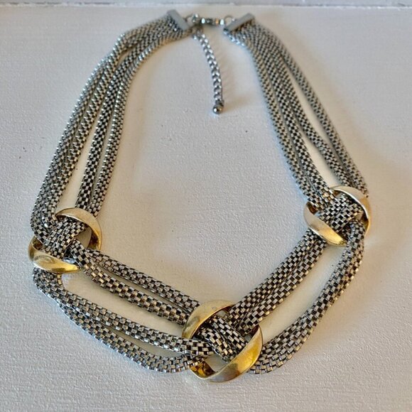 Silver and Gold Multistrand Box Chain Necklace - Picture 3 of 8